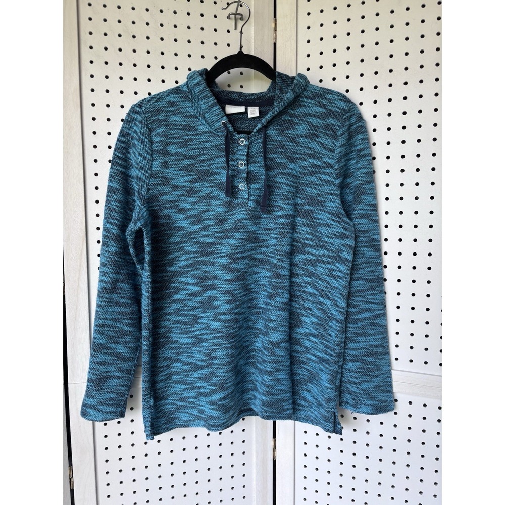 Weekends By Chicos 0 Small Henley Hoodie Teal Blue Pullover Sweatshirt 1/4 Snap